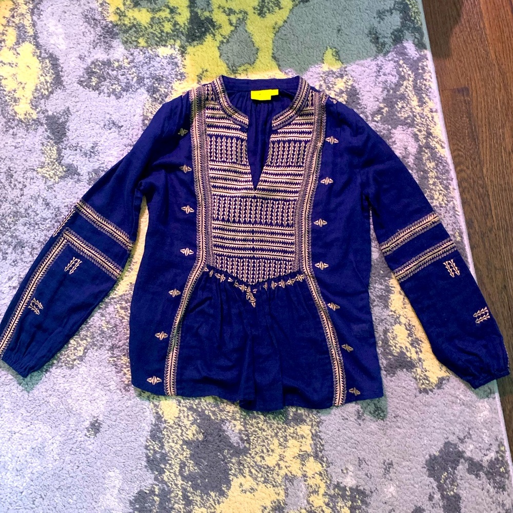 Roberta Roller Rabbit Blue and Gold Embroidered Tunic Top Small